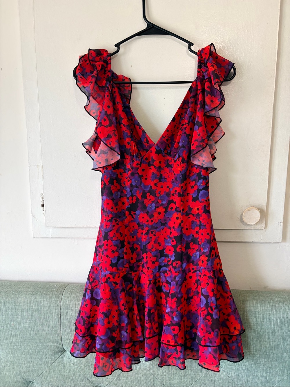 Red Floral V-Neck Ruffle Mini Dress